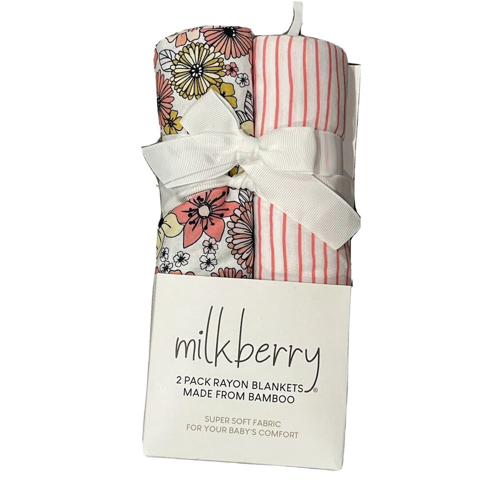 2 Swaddles Newborn Rayon Bamboo Floral & Stripes Baby Blankets Milkberry New